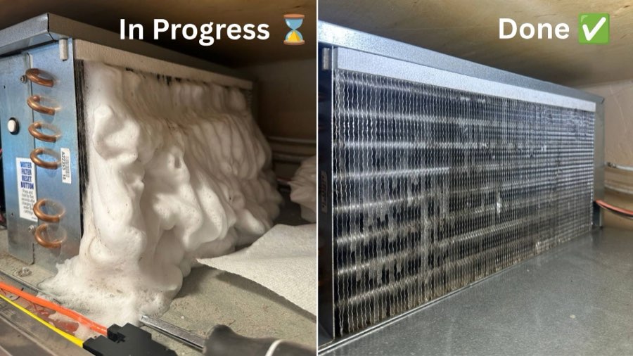Sub-Zero BI-48S condenser coil cleaning in progress next to the finished, clear coil
