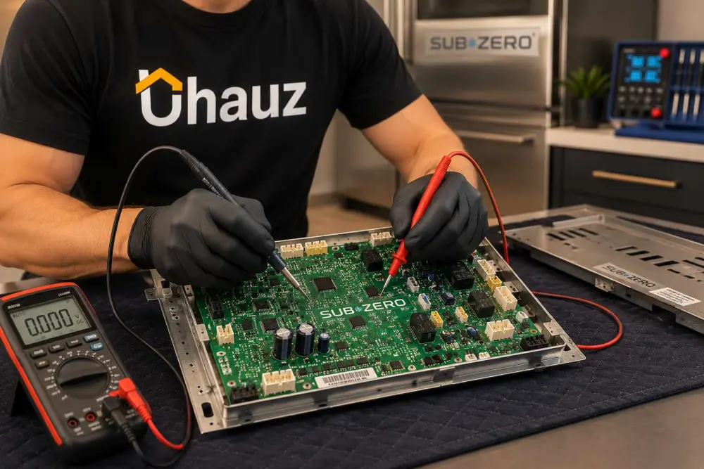 Uhauz technician servicing a Sub-Zero built-in refrigerator