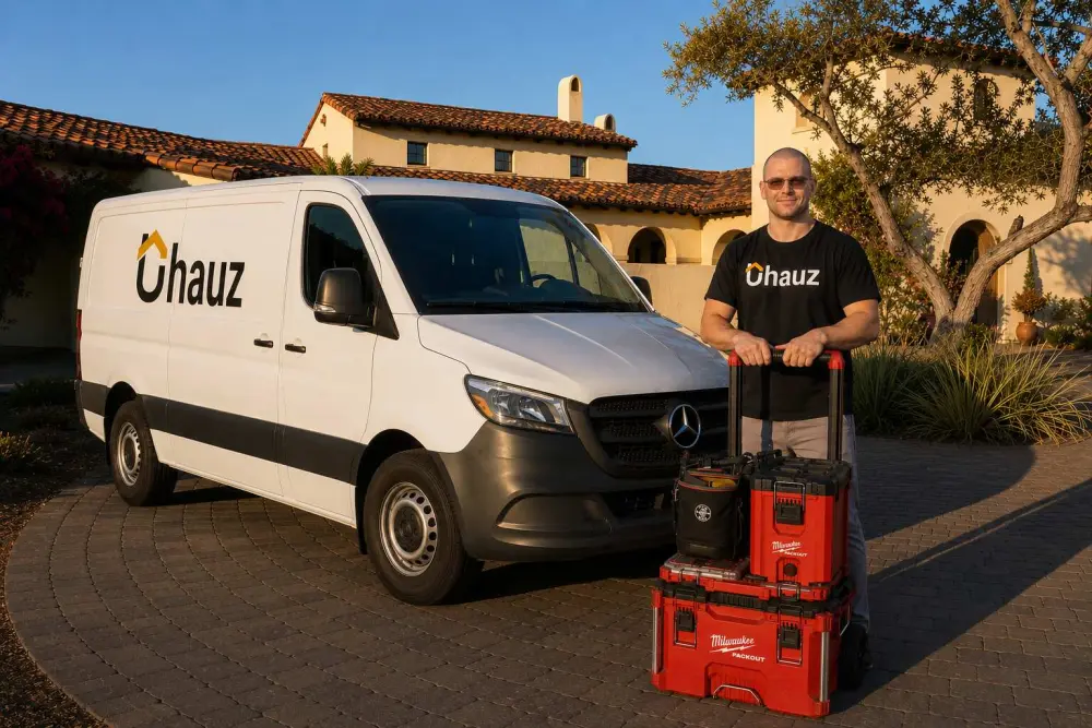 Uhauz senior technician with a stocked service van outside a San Diego estate