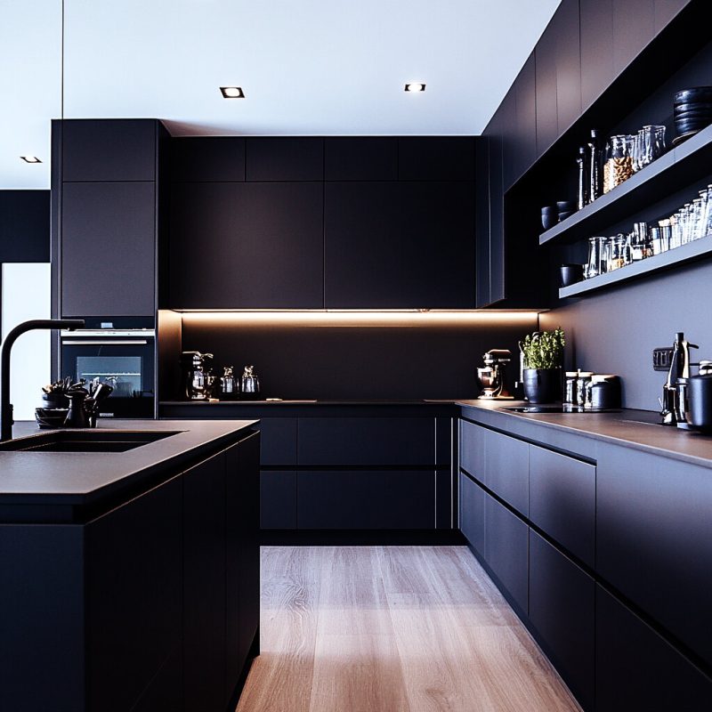Kitchen cabinets appearance under warm lighting conditions.