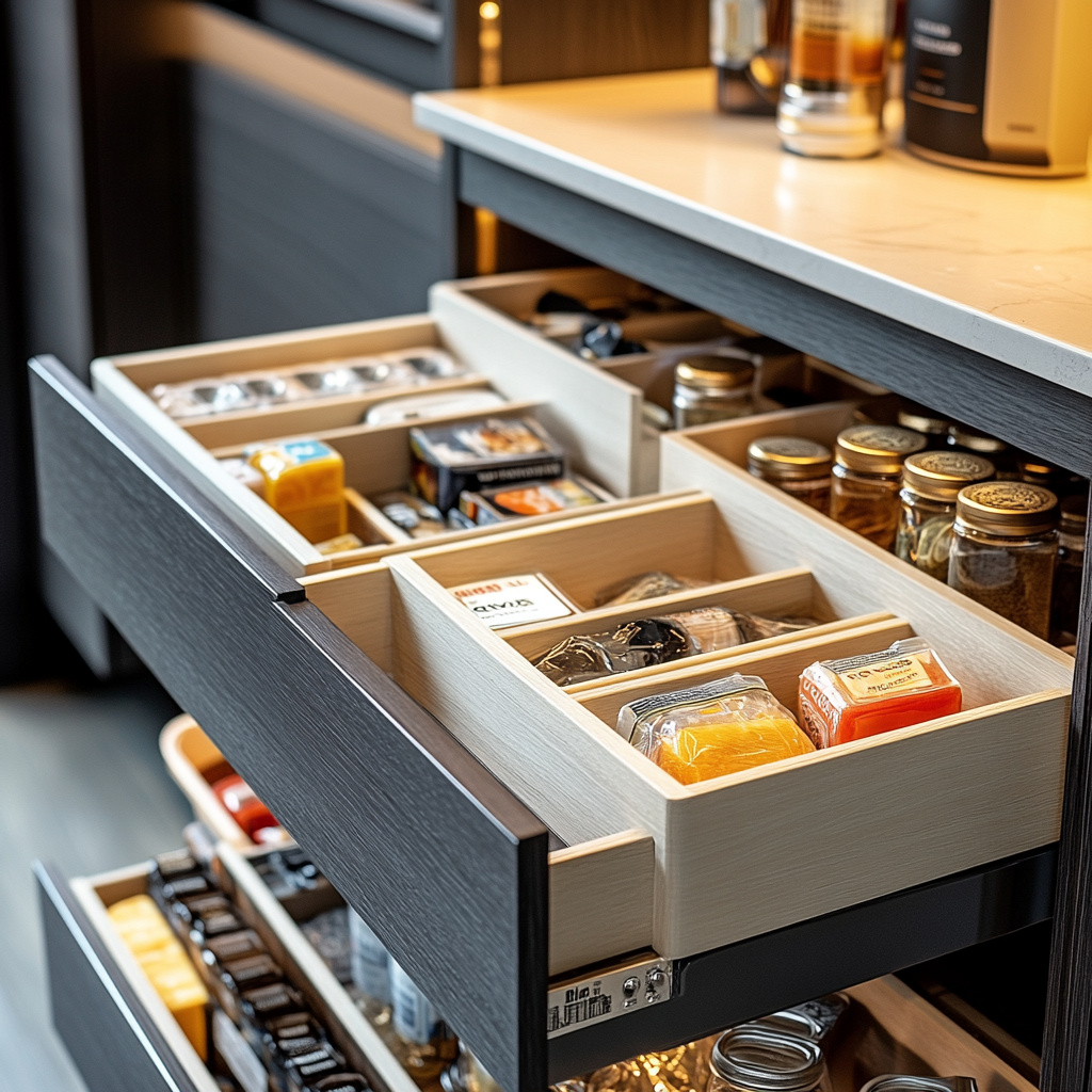 Custom pantry cabinets designed to solve common kitchen problems like cluttered shelves, hard-to-reach items, wasted space, and poor lighting, offering efficient storage solutions