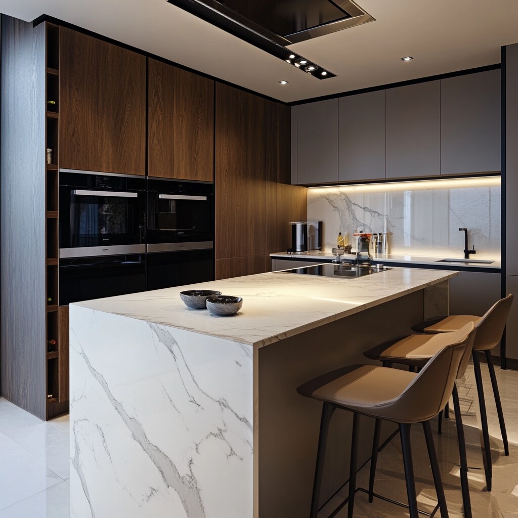 Modern kitchen with custom white oak cabinets and quartz countertops